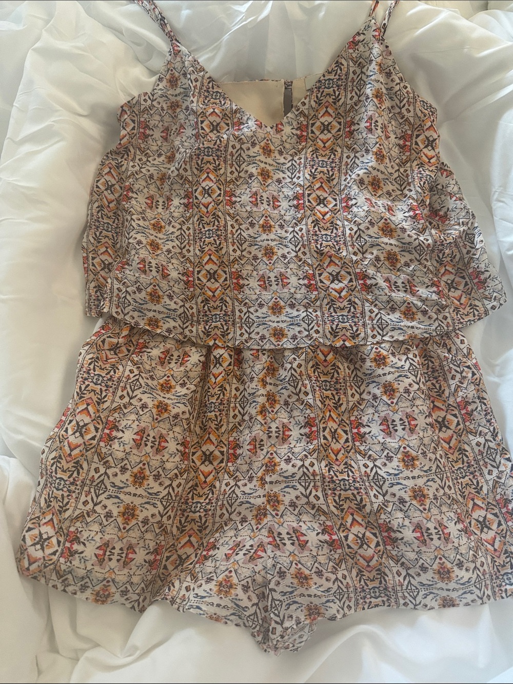 Lavender Brown Printed Spaghetti-Strap Romper in Cream and Orange